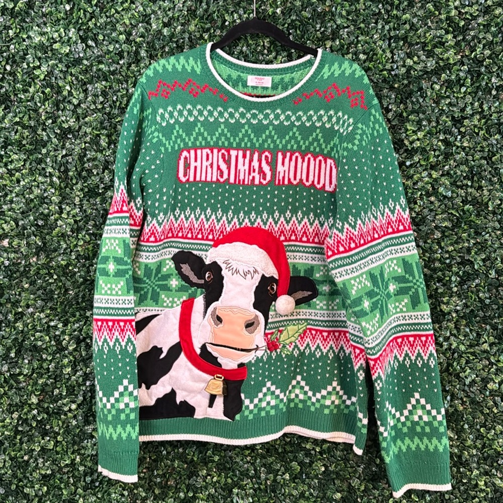 XXL / XL UNISEX UGLY CHRISTMAS 🎄 SWEATER MOO COW BELL PLUS SIZE HOLIDAY MOOD